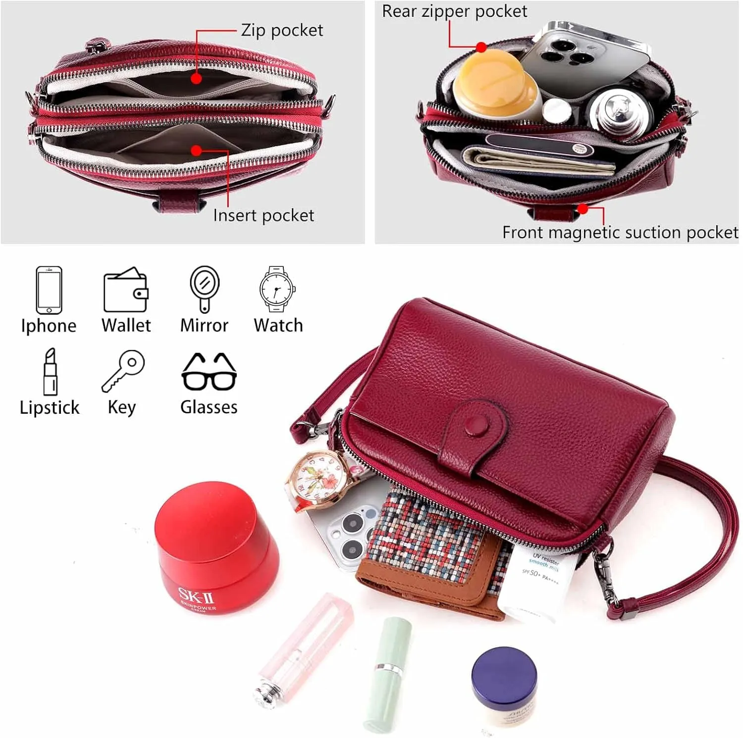 HUA ANGEL Women Small Crossbody Bag Leather Cellphone Purse Clutch Wallet Bag with Wristlet Straps Mini Over Shoulder Handbag