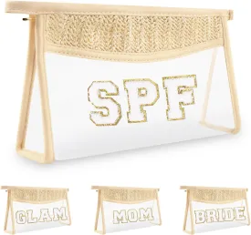 Iqimott Boho Patch SPF Bag Clear Makeup Letter Bag, Waterproof Zipper Make up Bag Toiletry Pouch for Women Girls, Clear Letter Patch Cosmetic Bag Transparent Organizer Pouch for Travel(SPF, Beige)