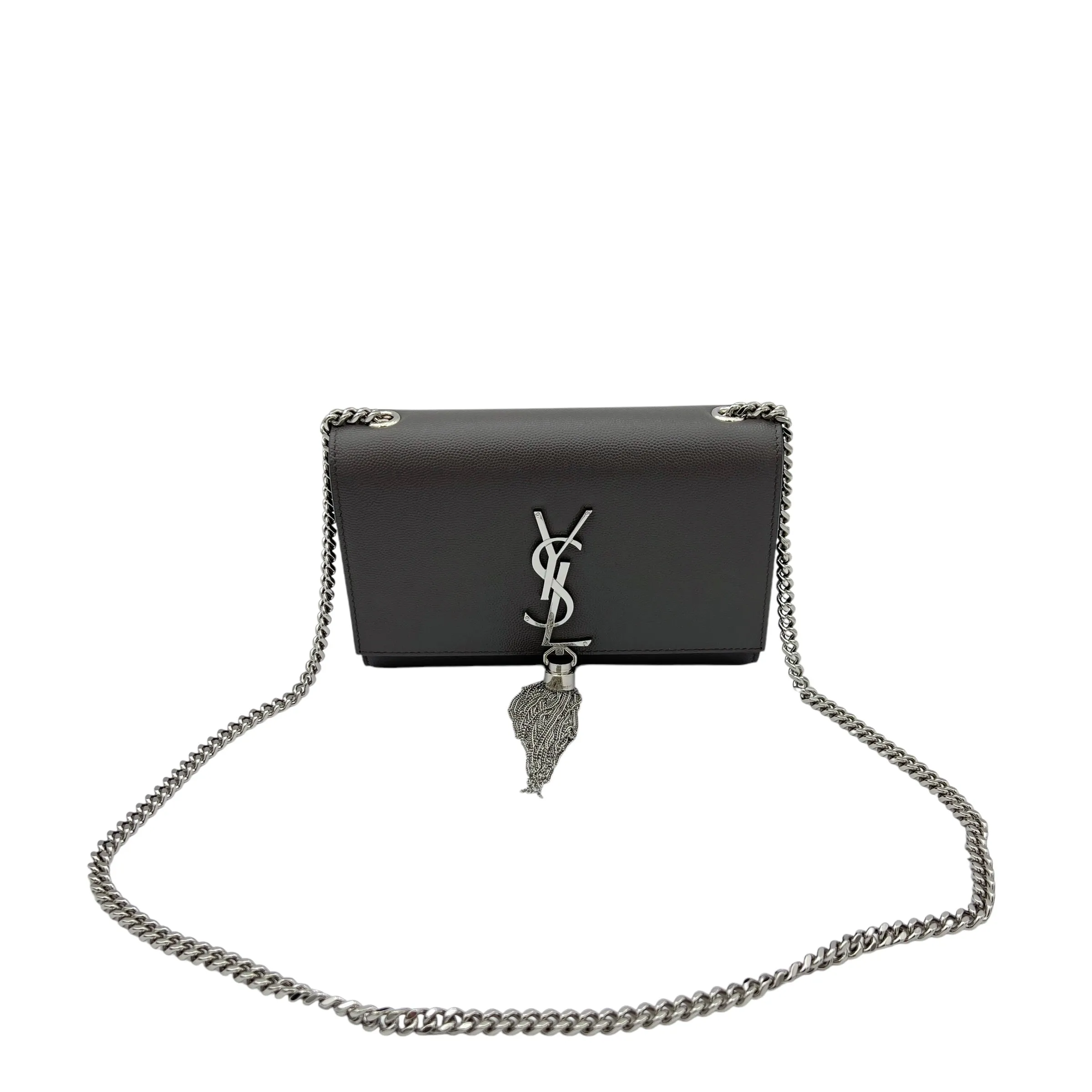Kate Small Grey Crossbody Bag in Caviar Leather, Silver hardware
