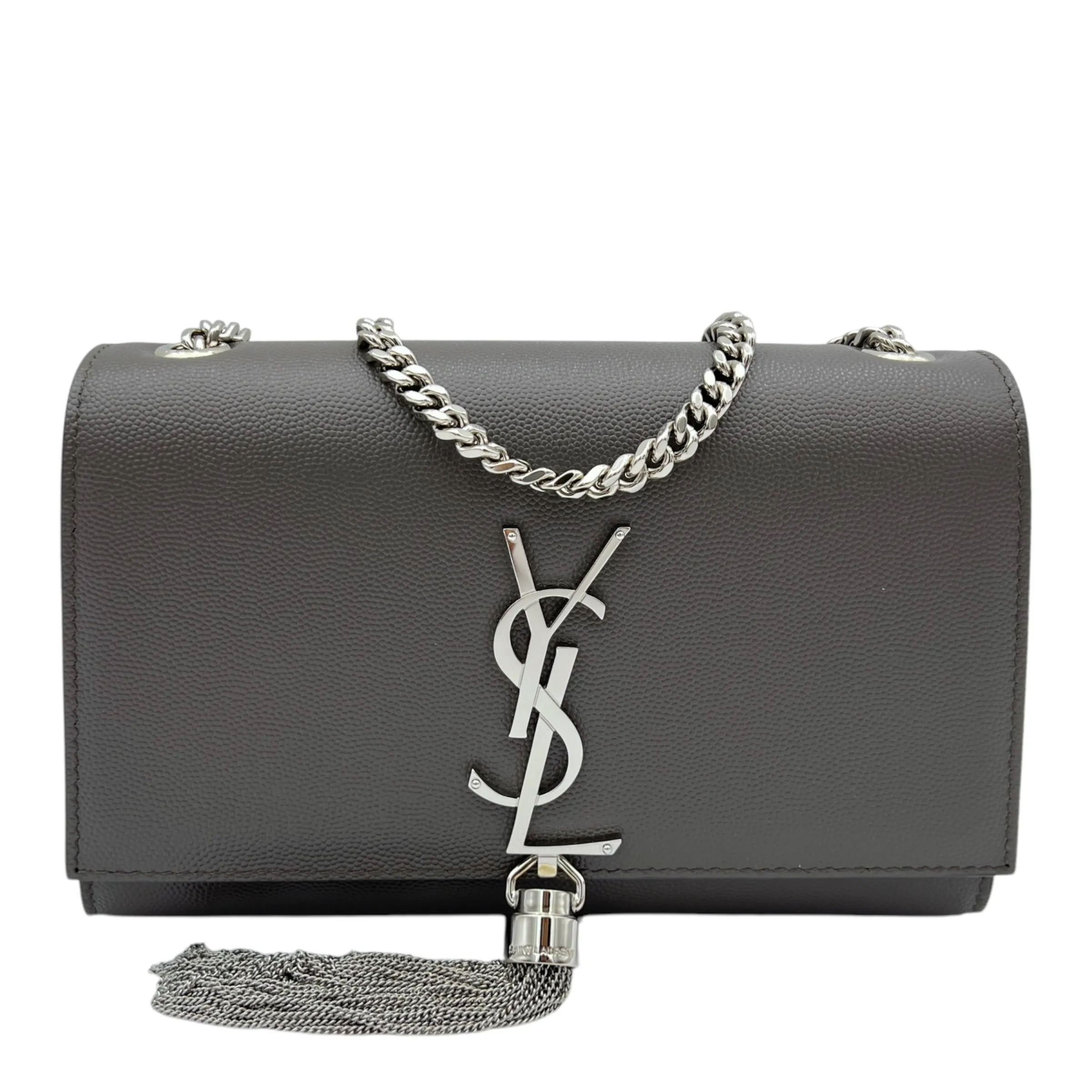 Kate Small Grey Crossbody Bag in Caviar Leather, Silver hardware
