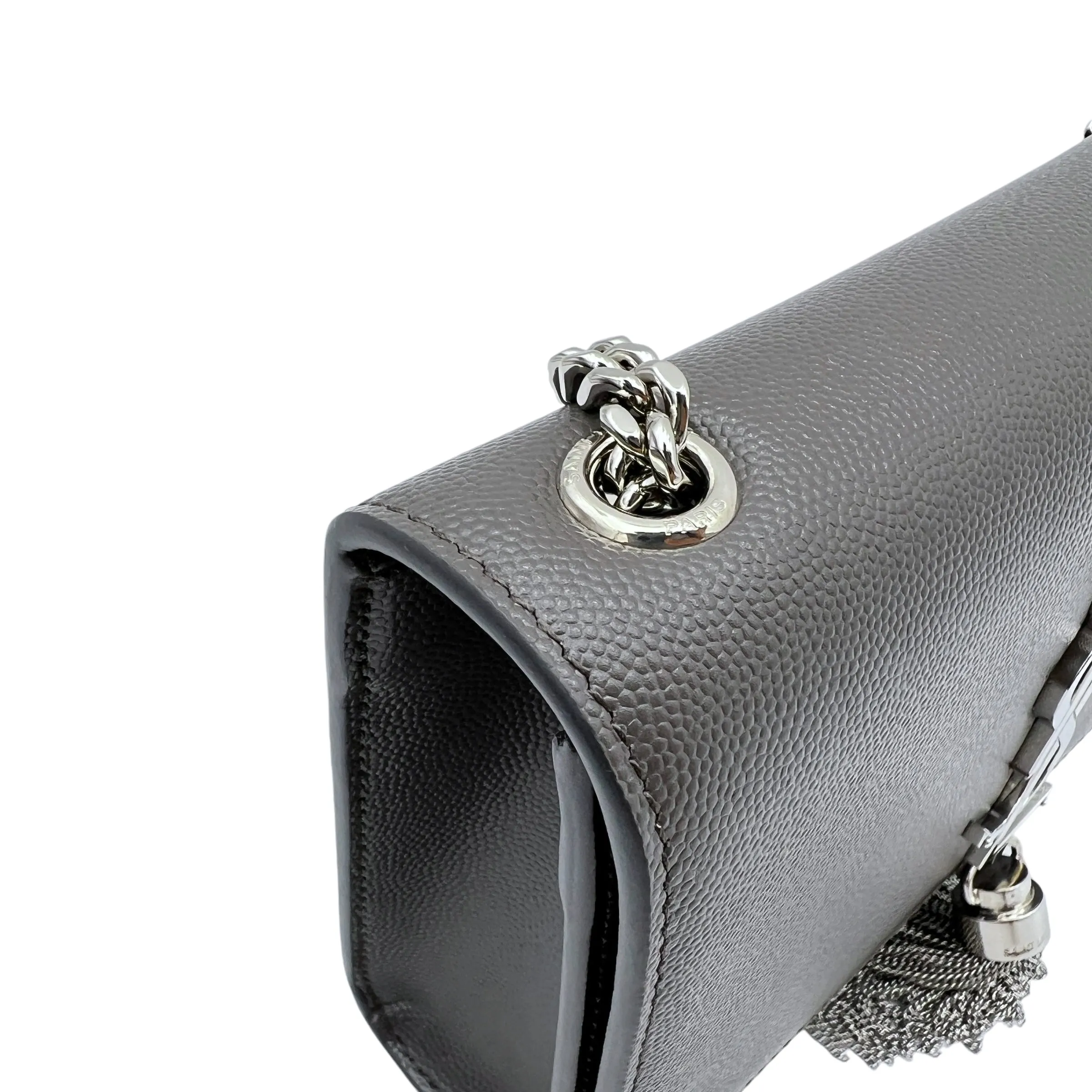 Kate Small Grey Crossbody Bag in Caviar Leather, Silver hardware