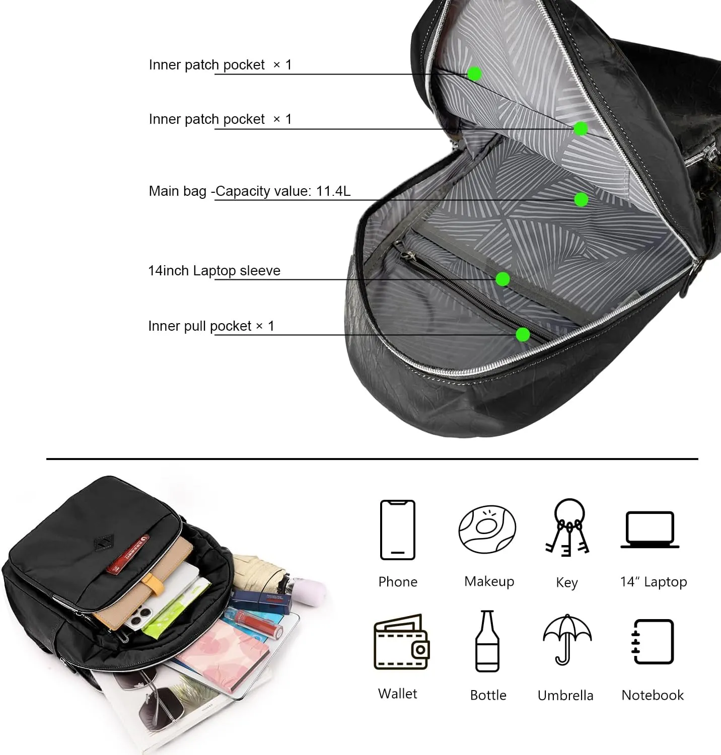 Lightweight Nylon Women purse Backpack Multi-Pocket, Leisure Mini Daypack for Girls Shopping, Commuting, and Daily Use (Black)
