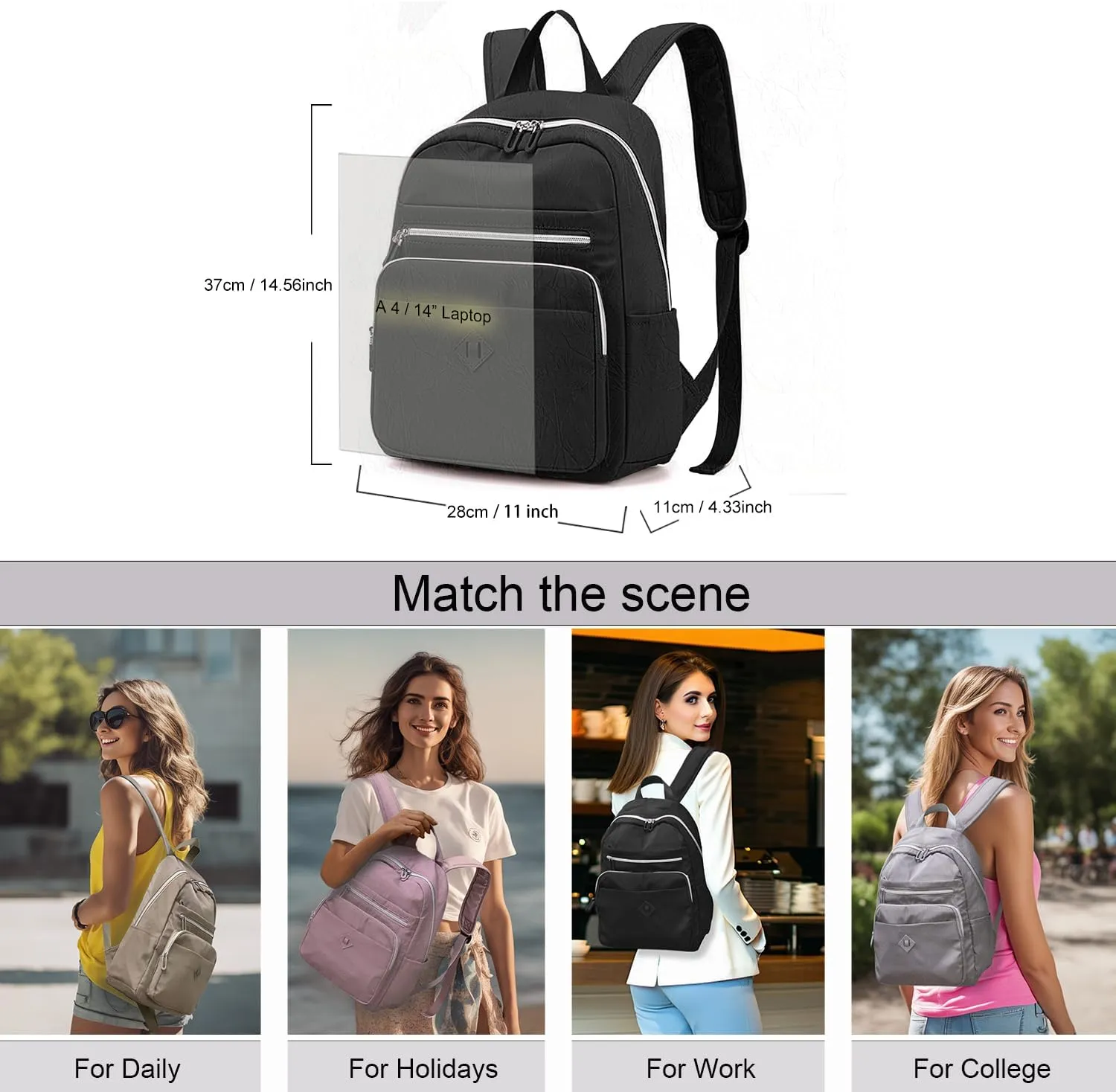 Lightweight Nylon Women purse Backpack Multi-Pocket, Leisure Mini Daypack for Girls Shopping, Commuting, and Daily Use (Black)
