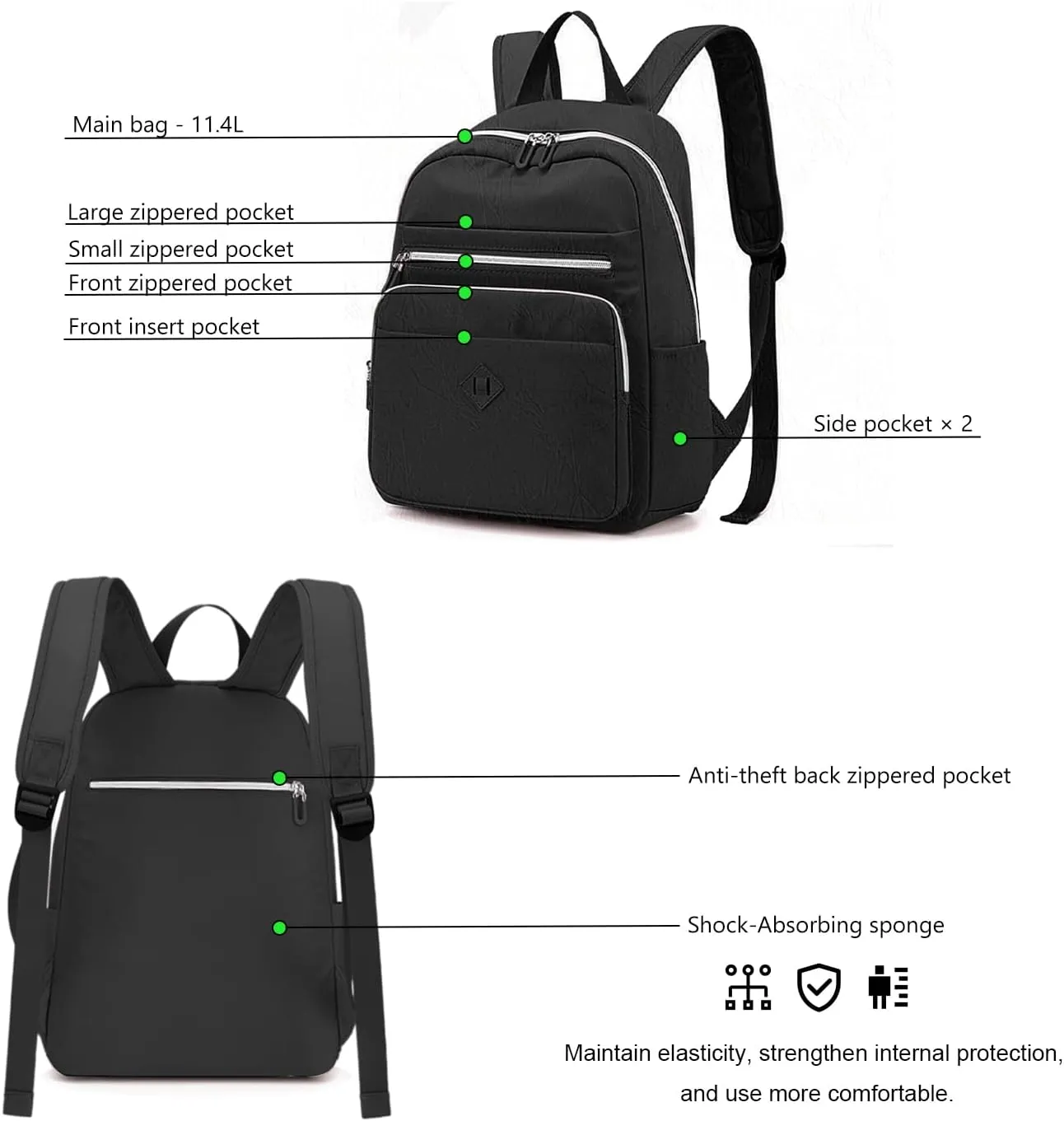 Lightweight Nylon Women purse Backpack Multi-Pocket, Leisure Mini Daypack for Girls Shopping, Commuting, and Daily Use (Black)