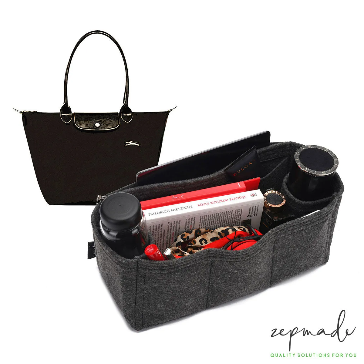 Longchamp Le Foulonné, Le Pliage, Pénélope Bag Models Organizer Insert, Bag Organizer with Double Bottle and Pen Holders