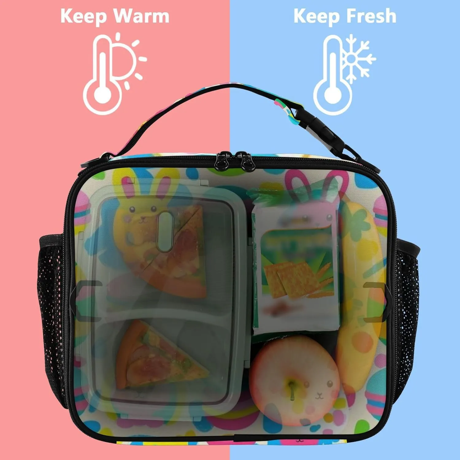 Lunch Bag for Women Men Insulated Lunch Box Cute Lunch Tote Bag Cooler Bag with Adjustable Shoulder Strap Mens Lunchbox for Work Travel Picnic Rabbit Easter Egg Macaron Colorful