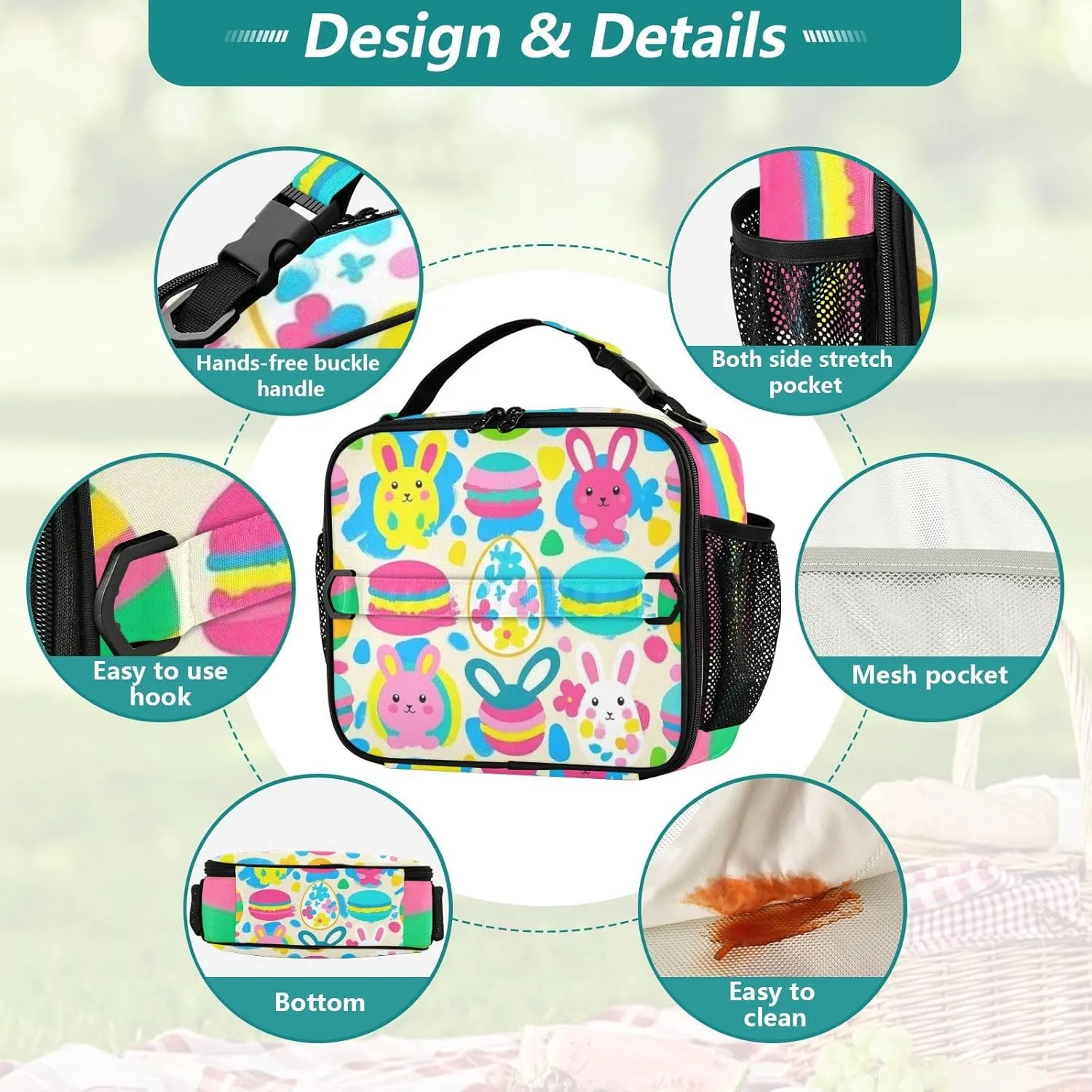 Lunch Bag for Women Men Insulated Lunch Box Cute Lunch Tote Bag Cooler Bag with Adjustable Shoulder Strap Mens Lunchbox for Work Travel Picnic Rabbit Easter Egg Macaron Colorful