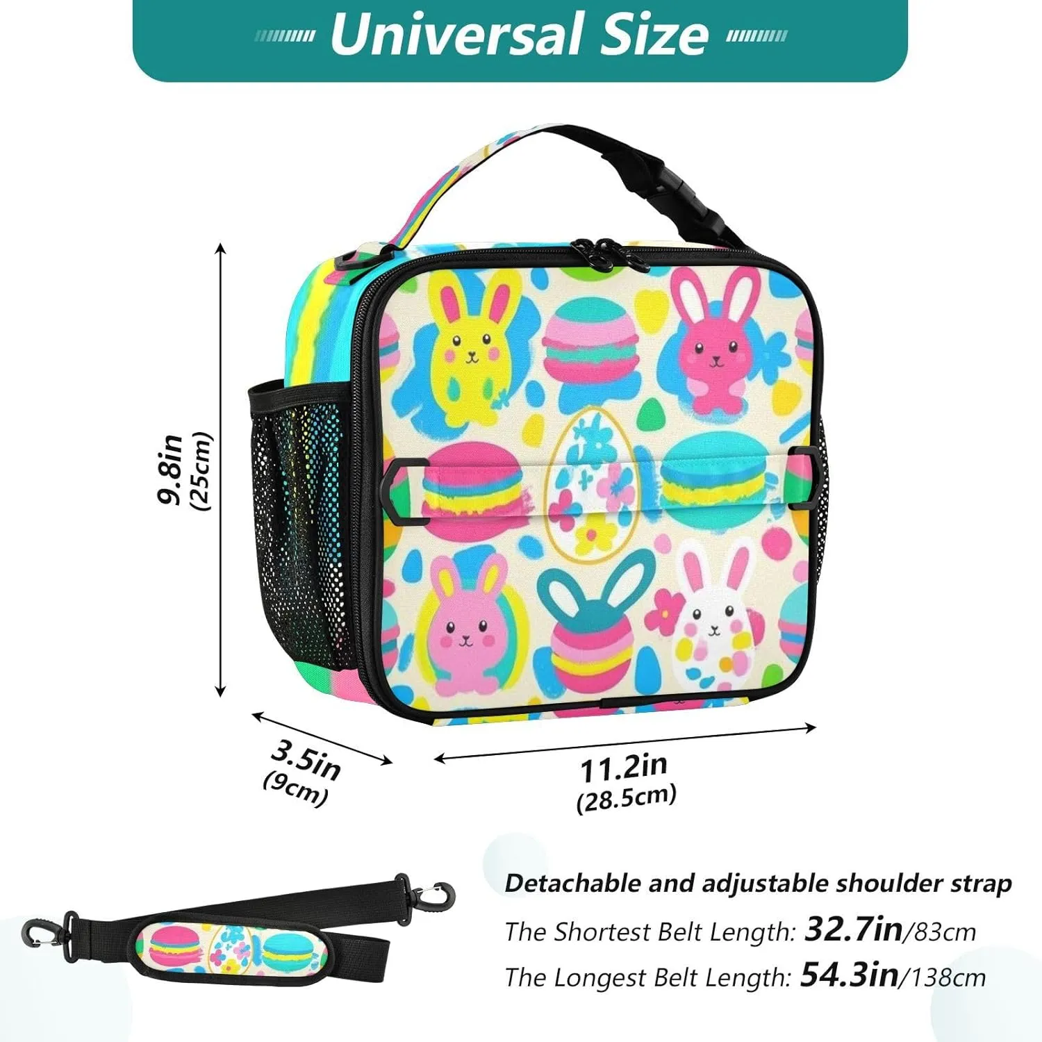 Lunch Bag for Women Men Insulated Lunch Box Cute Lunch Tote Bag Cooler Bag with Adjustable Shoulder Strap Mens Lunchbox for Work Travel Picnic Rabbit Easter Egg Macaron Colorful