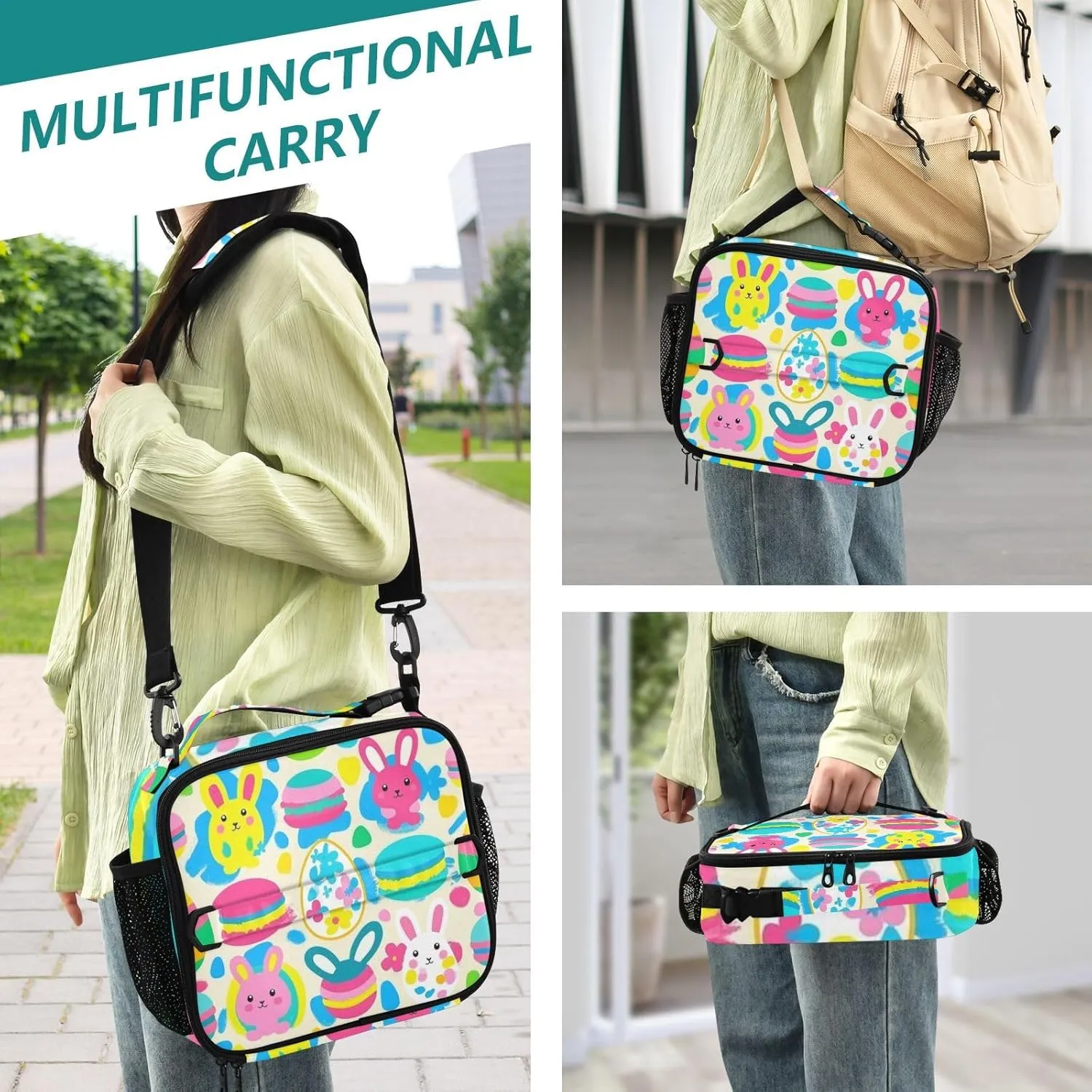 Lunch Bag for Women Men Insulated Lunch Box Cute Lunch Tote Bag Cooler Bag with Adjustable Shoulder Strap Mens Lunchbox for Work Travel Picnic Rabbit Easter Egg Macaron Colorful