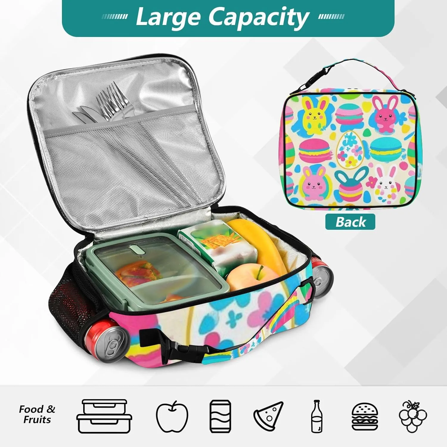 Lunch Bag for Women Men Insulated Lunch Box Cute Lunch Tote Bag Cooler Bag with Adjustable Shoulder Strap Mens Lunchbox for Work Travel Picnic Rabbit Easter Egg Macaron Colorful