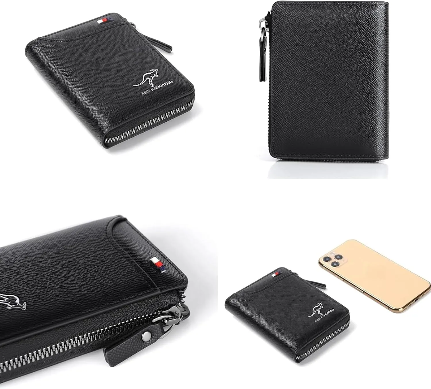 Men Wallet Zipper Purse - Aiks Kangaroo Wallets, RFID Blocking Leather Wallet Credit Card ID Holder Zipper Purse Waterproof (Fiber Gold)