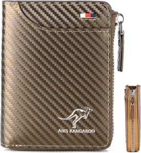Men Wallet Zipper Purse - Aiks Kangaroo Wallets, RFID Blocking Leather Wallet Credit Card ID Holder Zipper Purse Waterproof (Fiber Gold)