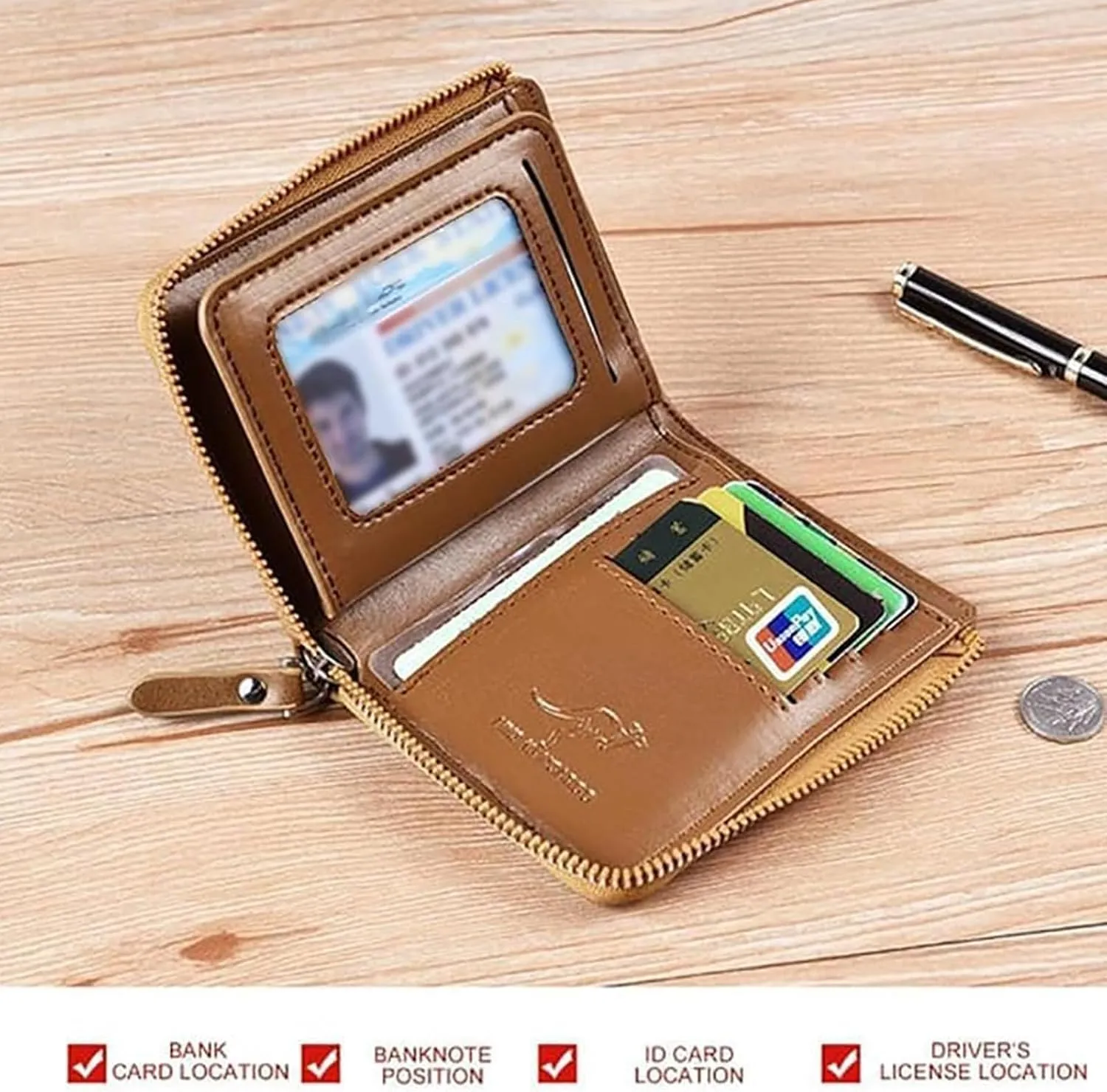 Men Wallet Zipper Purse - Aiks Kangaroo Wallets, RFID Blocking Leather Wallet Credit Card ID Holder Zipper Purse Waterproof (Fiber Gold)