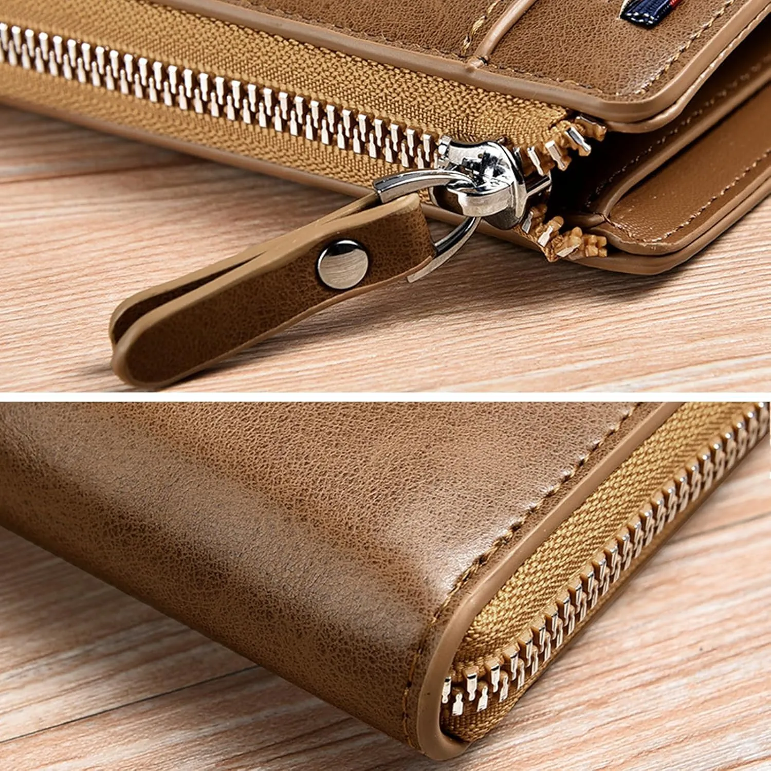 Men Wallet Zipper Purse - Aiks Kangaroo Wallets, RFID Blocking Leather Wallet Credit Card ID Holder Zipper Purse Waterproof (Fiber Gold)
