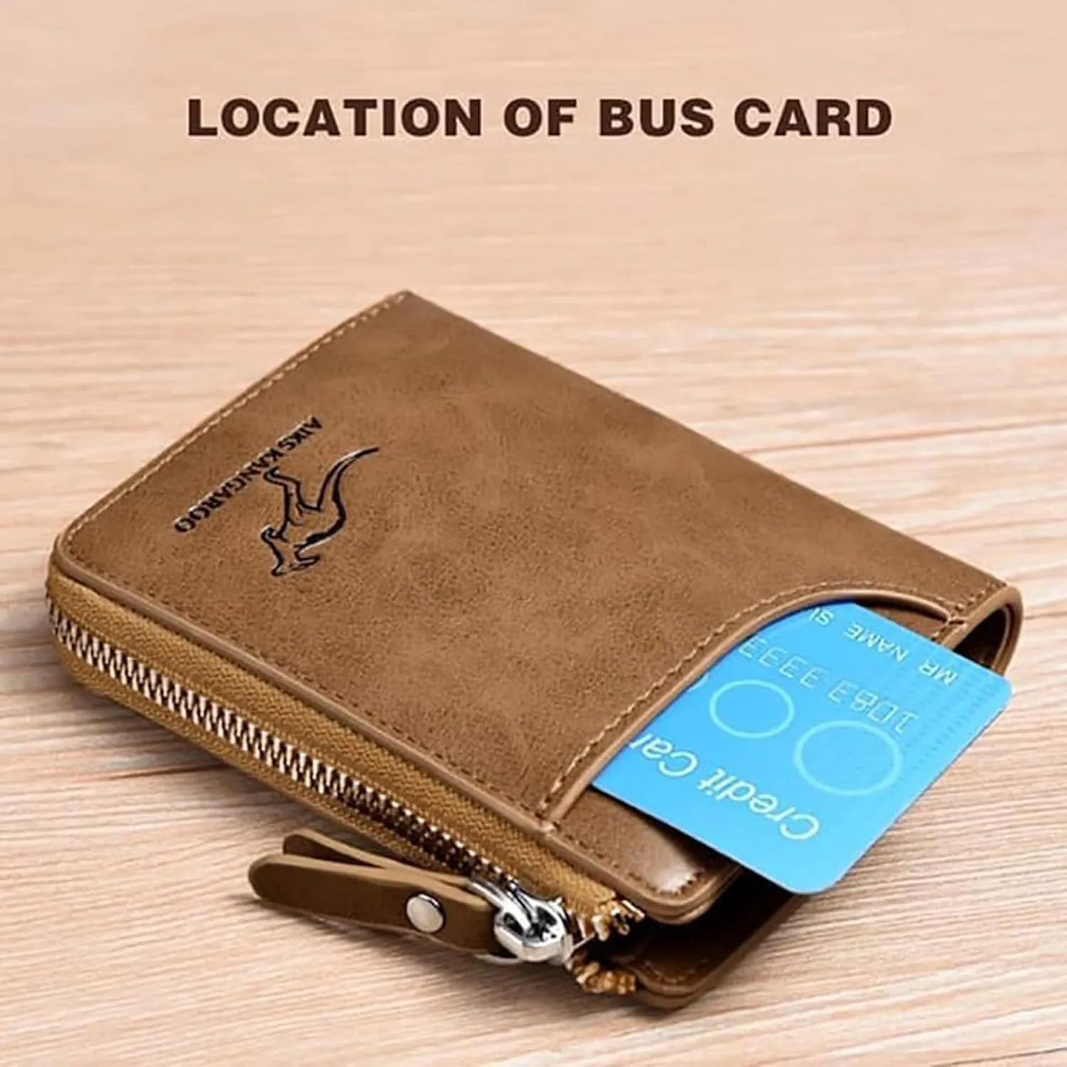 Men Wallet Zipper Purse - Aiks Kangaroo Wallets, RFID Blocking Leather Wallet Credit Card ID Holder Zipper Purse Waterproof (Fiber Gold)