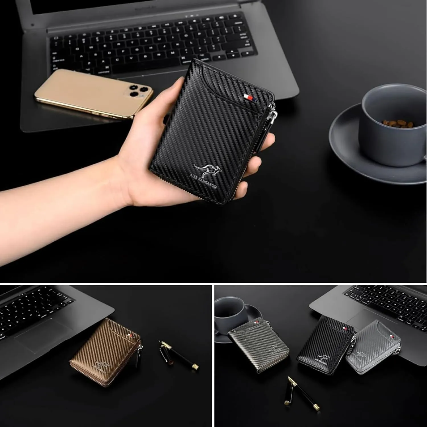Men Wallet Zipper Purse - Aiks Kangaroo Wallets, RFID Blocking Leather Wallet Credit Card ID Holder Zipper Purse Waterproof (Fiber Gold)