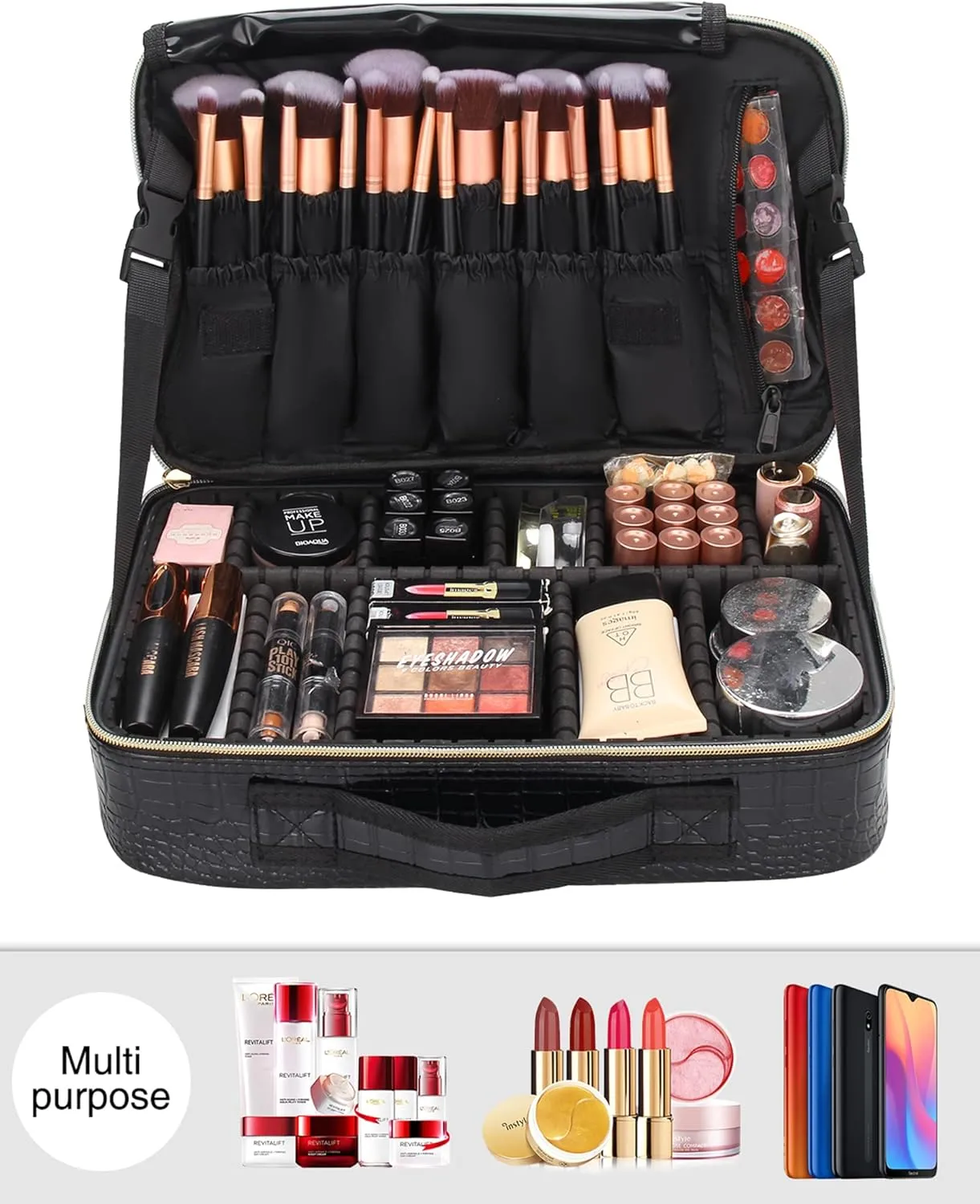 Relavel Travel Makeup Train Case Makeup Cosmetic Case Organizer Portable Artist Storage Bag with Adjustable Dividers for Cosmetics Makeup Brushes Toiletry Jewelry Digital Accessories