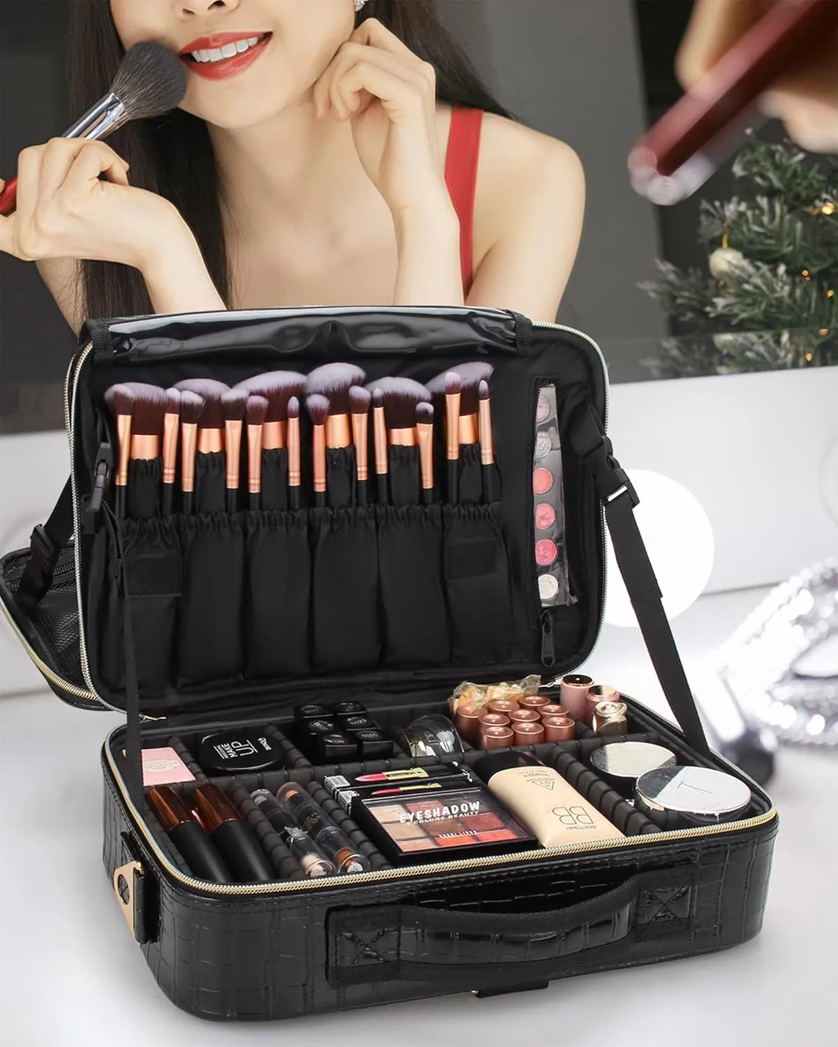 Relavel Travel Makeup Train Case Makeup Cosmetic Case Organizer Portable Artist Storage Bag with Adjustable Dividers for Cosmetics Makeup Brushes Toiletry Jewelry Digital Accessories
