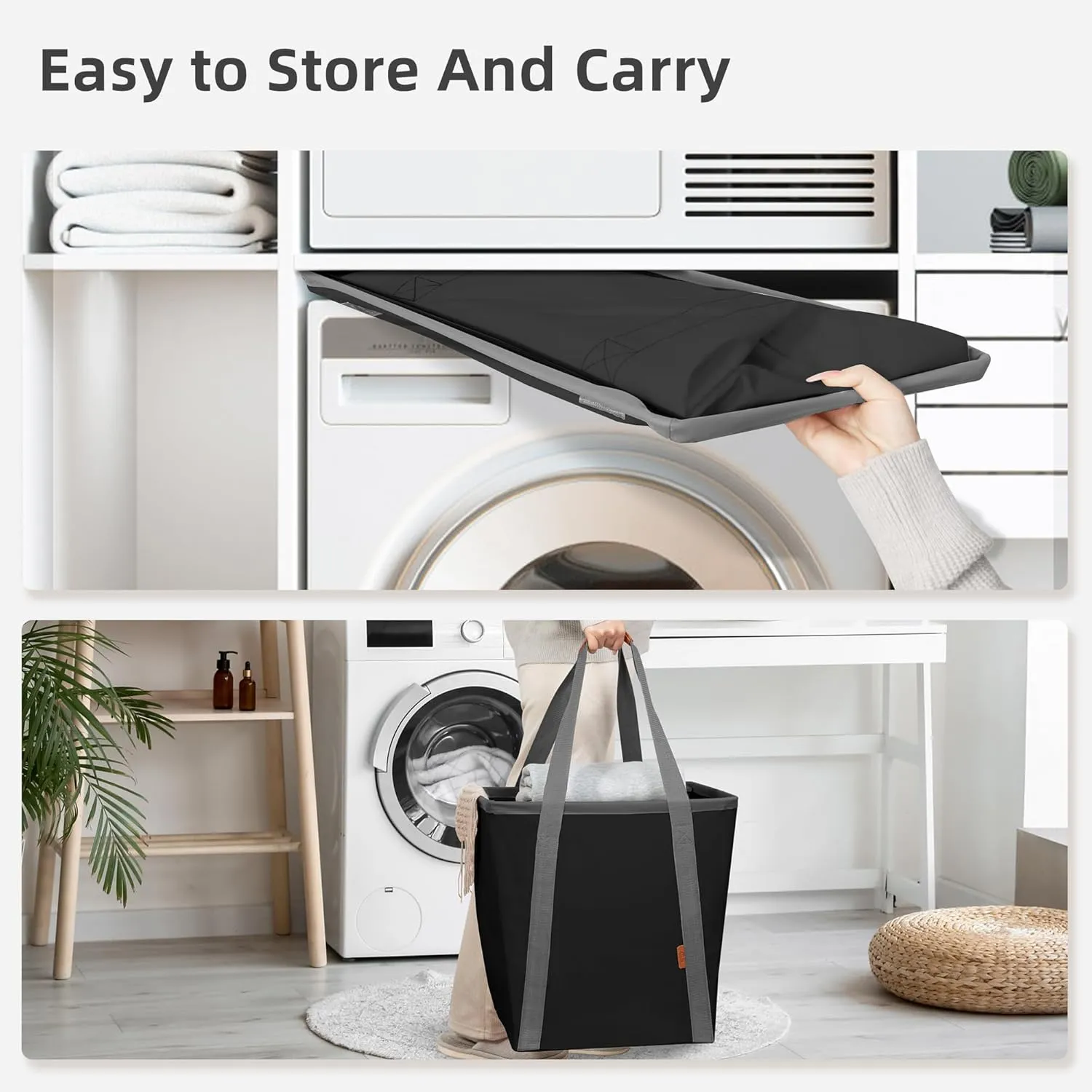STORAGE MANIAC Collapsible Laundry Caddy, 128L (34 Gal) Large Collapsible Laundry Basket with Sturdy Metal Wire Frame, Long Carry Handles - Space-Saving, Foldable Laundry hamper, 2 Pack Black