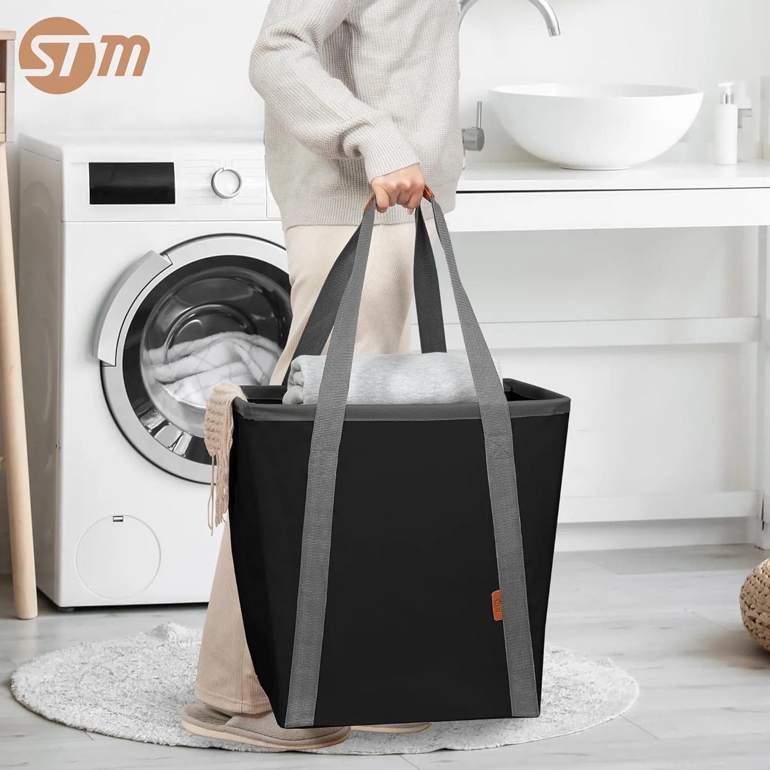 STORAGE MANIAC Collapsible Laundry Caddy, 128L (34 Gal) Large Collapsible Laundry Basket with Sturdy Metal Wire Frame, Long Carry Handles - Space-Saving, Foldable Laundry hamper, 2 Pack Black