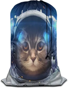 Swono Cat In Outer Space Extra Heavy Duty Laundry Bag, Cute Cartoon Kitten Astronomy Cosmos Dirty Clothes Drawstring Bag with Tear Resistant Fabric, Laundry Liner for Hamper, Space Adventure