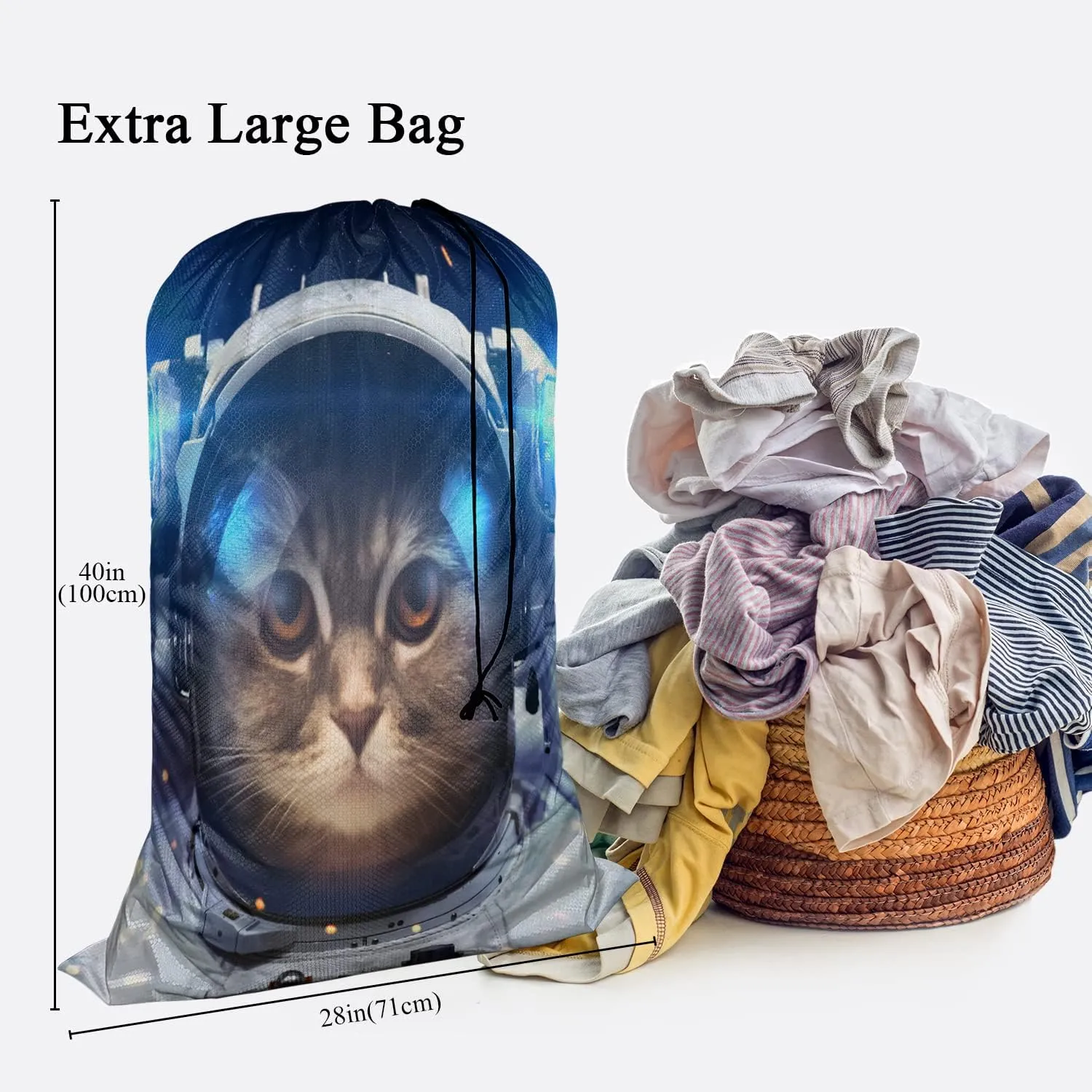 Swono Cat In Outer Space Extra Heavy Duty Laundry Bag, Cute Cartoon Kitten Astronomy Cosmos Dirty Clothes Drawstring Bag with Tear Resistant Fabric, Laundry Liner for Hamper, Space Adventure