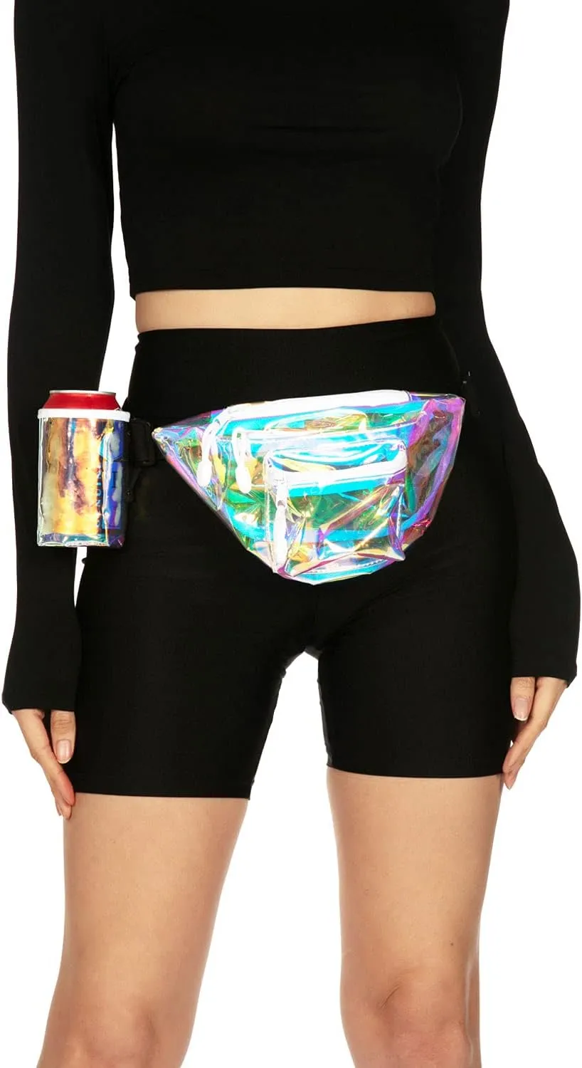 Tipsy Elves Iridescent Icon Fanny Pack w/Drink Holder - Holographic Clear Belt Bag - Small Adjustable Strap Waist Pouch for Secure Storage
