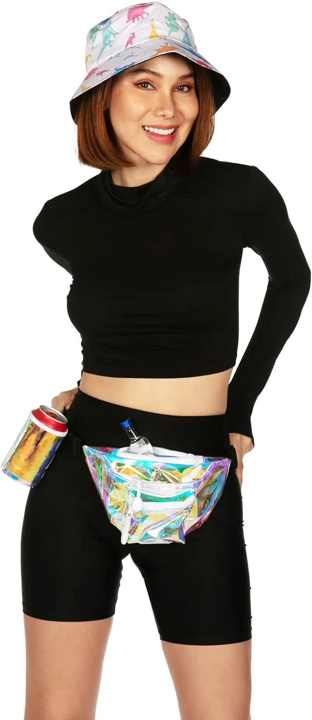 Tipsy Elves Iridescent Icon Fanny Pack w/Drink Holder - Holographic Clear Belt Bag - Small Adjustable Strap Waist Pouch for Secure Storage