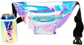 Tipsy Elves Iridescent Icon Fanny Pack w/Drink Holder - Holographic Clear Belt Bag - Small Adjustable Strap Waist Pouch for Secure Storage