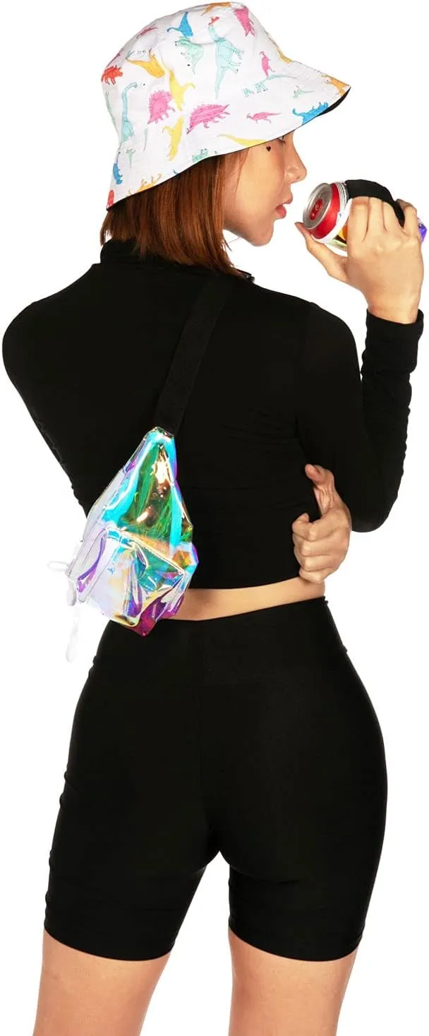 Tipsy Elves Iridescent Icon Fanny Pack w/Drink Holder - Holographic Clear Belt Bag - Small Adjustable Strap Waist Pouch for Secure Storage
