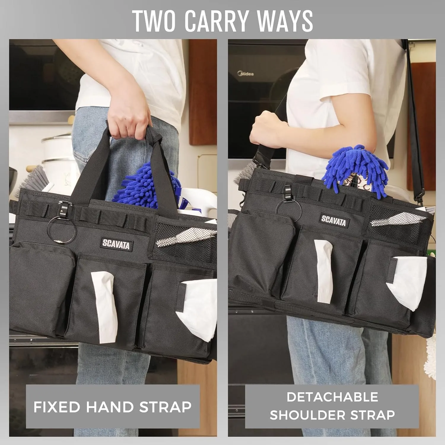Wearable Cleaning Caddy Bag, Supplies Organizer with Handle & Shoulder Straps for Housekeepers, Under Sink & Car Cleaning Tool Organizer with 4 Foldable Dividers (Black)